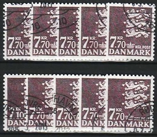 FRIMÆRKER DANMARK | 1989 - AFA 929 - Rigsvåben - 7,70 Kr. mørklilla x 10 stk. - Pænt hjørnestemplet